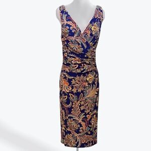 Lauren Ralph Lauren Blue Paisley Ruched V-Neck Sheath Dress Size 4 Sleeveless